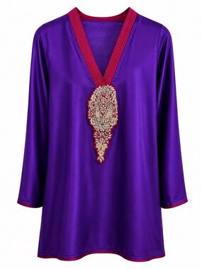 Purple Bohemian Jeweled Tunic Top – Red Trim, Ornate Embellishments, Size Large